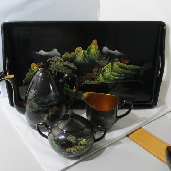 23 Piece Vintage Asian Chinese Black Lacquerware Tea Set Tray Cups Pot Oriental - Picture 16 of 16